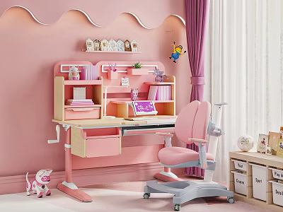 Pink Adjustable Children's Desk With Chair And Shelves In Kids Room 3d model