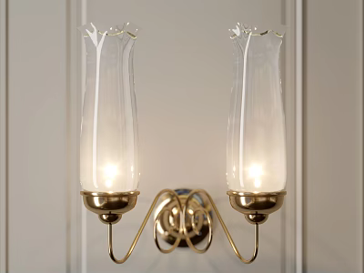 Pair of Glass Shade Wall Lamps with Brass Base on Light Colored Wall Illuminated 3d model