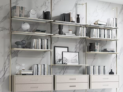 Sleek Modern Multi Tiered Bookshelf With Marble Wall Decorative Books Picture Frames And Drawer Cabinets 3d model