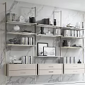 Sleek Modern Multi Tiered Bookshelf With Marble Wall Decorative Books Picture Frames And Drawer Cabinets