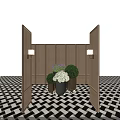 Bonsai Potted Plants with Green Balls White Purple Flowers in Metal Pots and Wooden Wall