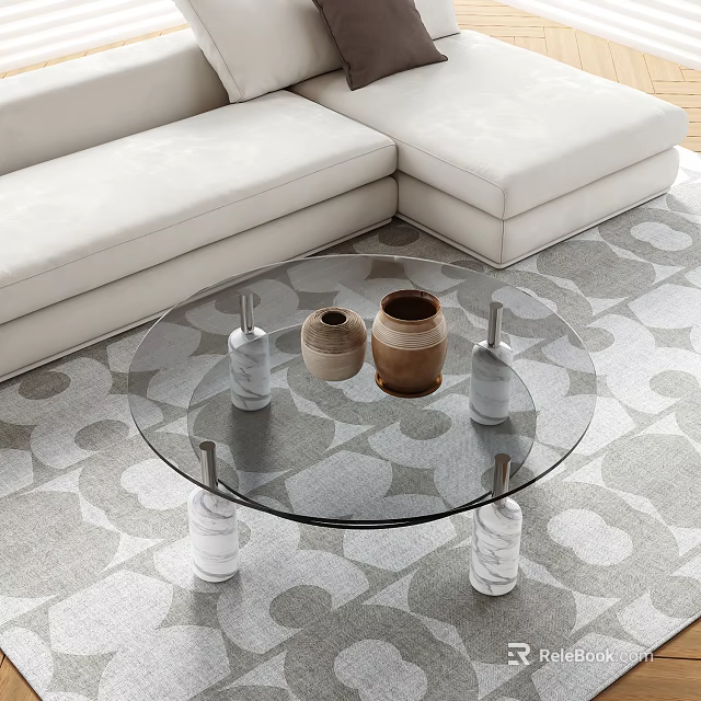 Glass Top Round Coffee Table With Transparent Pillar Legs Decorative Vases And Glass Bottles 3d model 