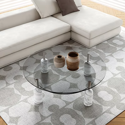 Glass Top Round Coffee Table With Transparent Pillar Legs Decorative Vases And Glass Bottles 3d model