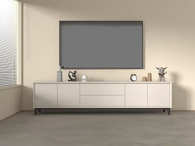 Modern White TV Stand with Large Screen TV Decorative Items Clock Books and Light Walls 3d model