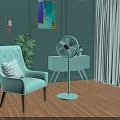 Stylish Standing Air Cooler Fan In Room With Light Blue Armchair Green Plant And Cabinet