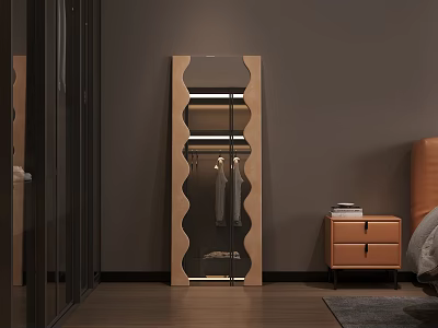 Wavy Design Full Length Mirror With Wooden Frame In Bedroom 3d model