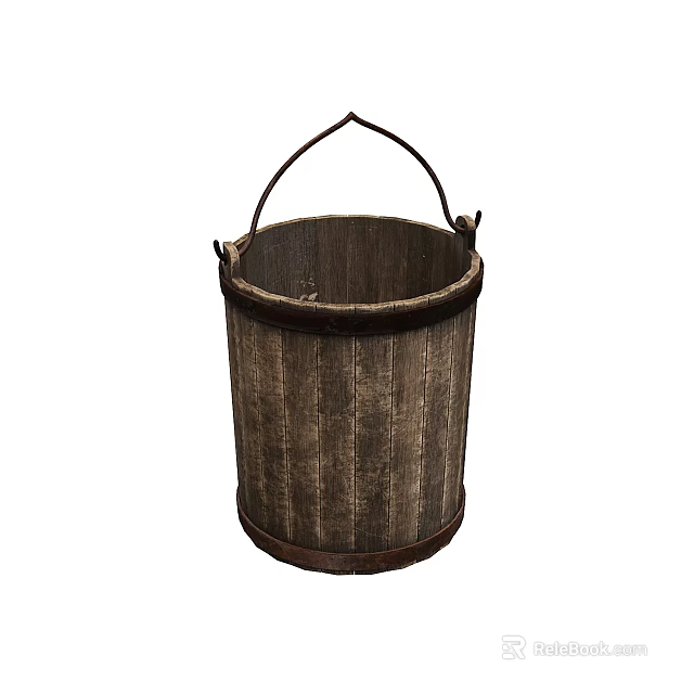 Traditional Rustic Wooden Bucket With Metal Handle For Household Use 3d model 