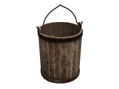 Traditional Rustic Wooden Bucket With Metal Handle For Household Use 3d model