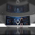 Hi tech Exhibition Hall With Large Digital Display Screen Woman Standing On Reflective Floor