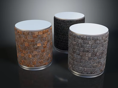 Decorative Cylindrical Stools With White Top And Stone Tile Sides In Brown Black Gray 3d model
