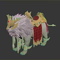 Detailed White Mythical Lion With Golden Armor And Red Decorative Cape
