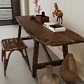 Rustic Wooden Table And Rattan Chair With Crossed Legs Vase Red Plant Books Horse Decor
