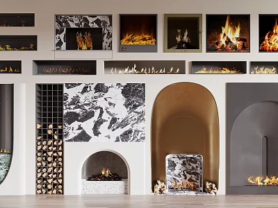 Diverse Modern Fireplace Interior Design Ideas With Marble Metal Wood Logs And Flames 3d model