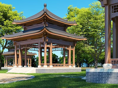 Traditional Chinese Pavilion With Wooden Structure And Stone Base In Green Garden 3d model