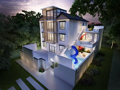 Modern Two Story Detached Villa With Swimming Pool Lush Greenery And Lawn 3d model