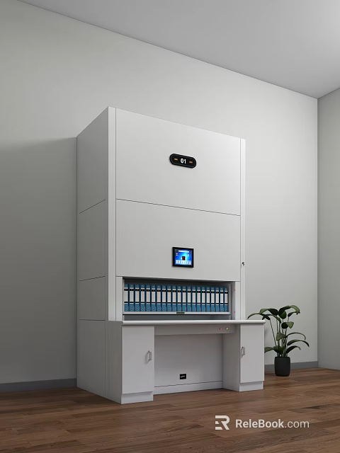Modern White Storage Cabinet With Digital Display Screen And Organized File Folders For Office Use 3d model 