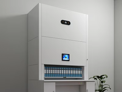 Modern White Storage Cabinet With Digital Display Screen And Organized File Folders For Office Use 3d model