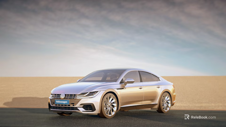 Silver Volkswagen Sedan Driving on Desert Road with Clear Blue Sky 3d model 