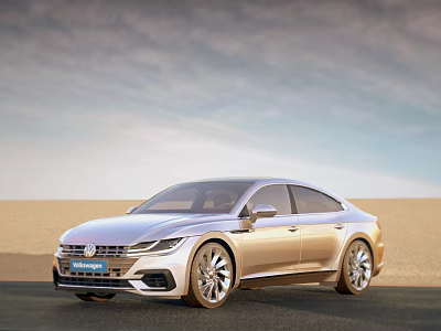 Silver Volkswagen Sedan Driving on Desert Road with Clear Blue Sky 3d model
