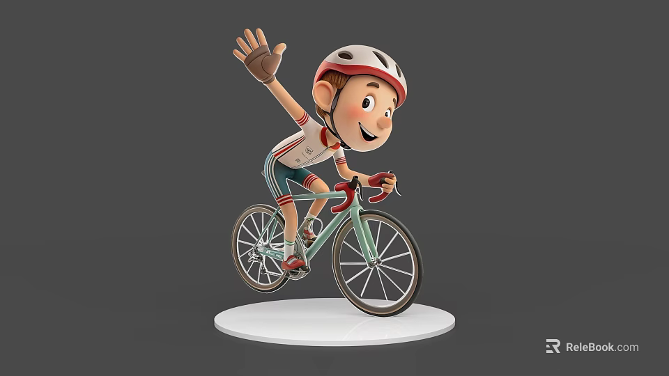 Cheerful Smiling Cartoon Game Character Riding Bicycle Waving Hand With Helmet 3d model 