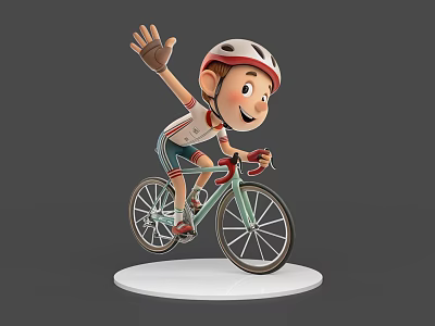 Cheerful Smiling Cartoon Game Character Riding Bicycle Waving Hand With Helmet 3d model