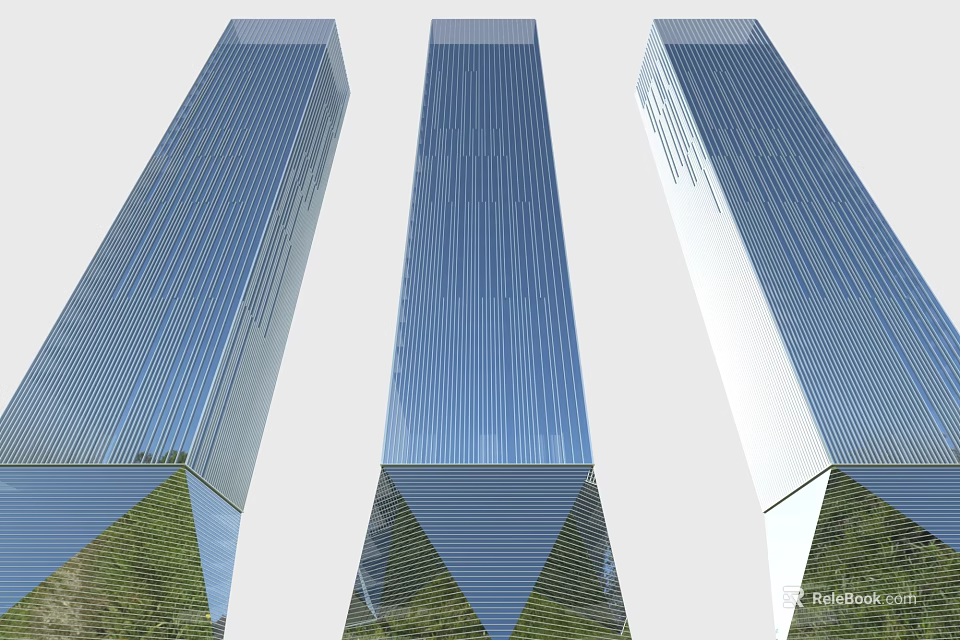 Three Tall Office Buildings With Blue Glass Curtain Walls And Green Plants At The Base 3d model 