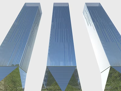 Three Tall Office Buildings With Blue Glass Curtain Walls And Green Plants At The Base 3d model