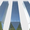 Three Tall Office Buildings With Blue Glass Curtain Walls And Green Plants At The Base