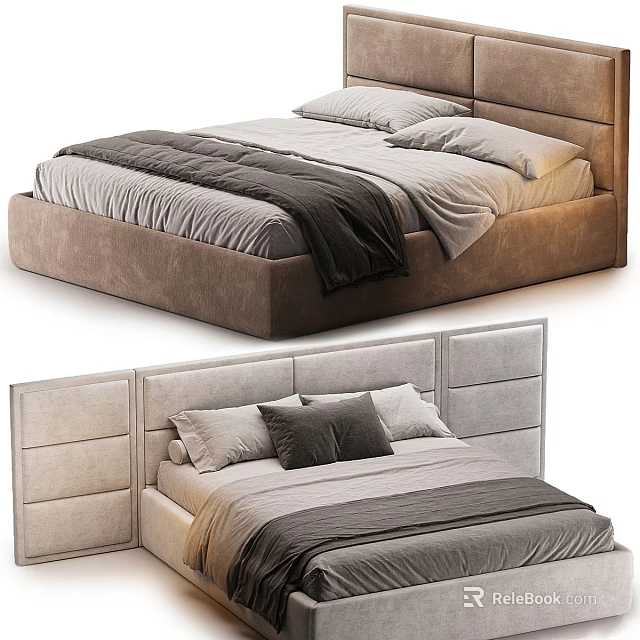 Upholstered Double Bed With Gray Bedding Multiple Pillows And Soft Blanket 3d model 