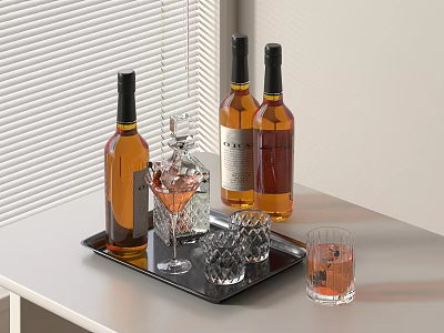 Amber Liquor Bottles and Assorted Glasses on Black Tray by White Blinds Table 3d model