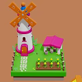 Cartoon Farm Scenes With Windmill Cottages Animals Tractor Barn Pond And Plants