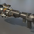 Futuristic Metallic Weapon With Detailed Complex Mechanical Components And Orange Accents