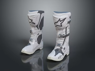White And Gray Motorcycle Boots With Star Logo And Tall Shaft Design 3d model