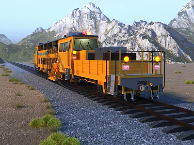 Yellow Functional Rail Car On Railway Track With Mountain Landscape And Gravel 3d model