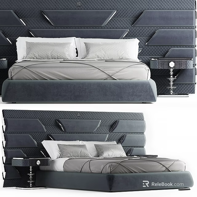 Modern Upholstered Double Bed With Geometric Headboard And Gray Bedding 3d model