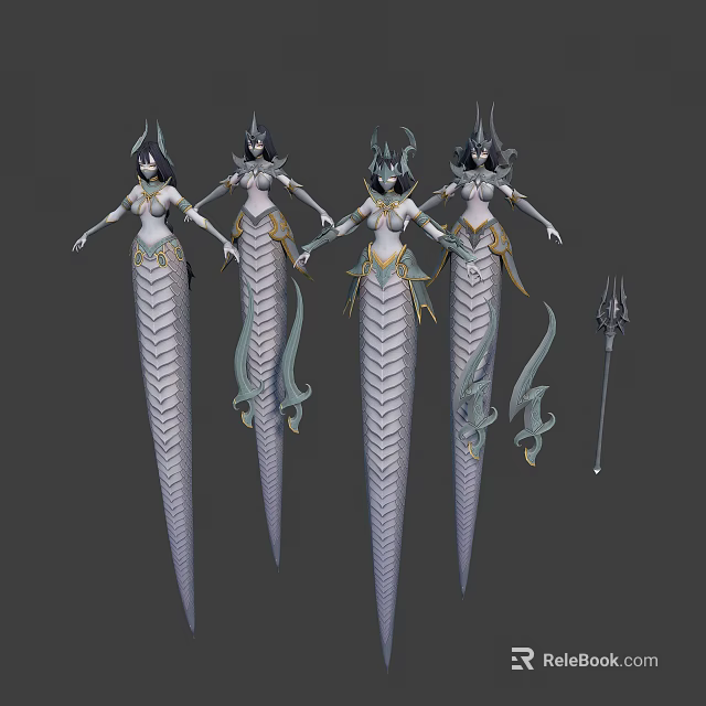 Mythical Female Fantasy Characters With Slender Serpentine Bodies Ornate Headpieces And Magical Staff 3d model 