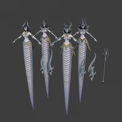 Mythical Female Fantasy Characters With Slender Serpentine Bodies Ornate Headpieces And Magical Staff 3d model