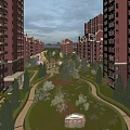 Red Brick Residential Buildings With Landscaped Garden Trees And Walking Paths