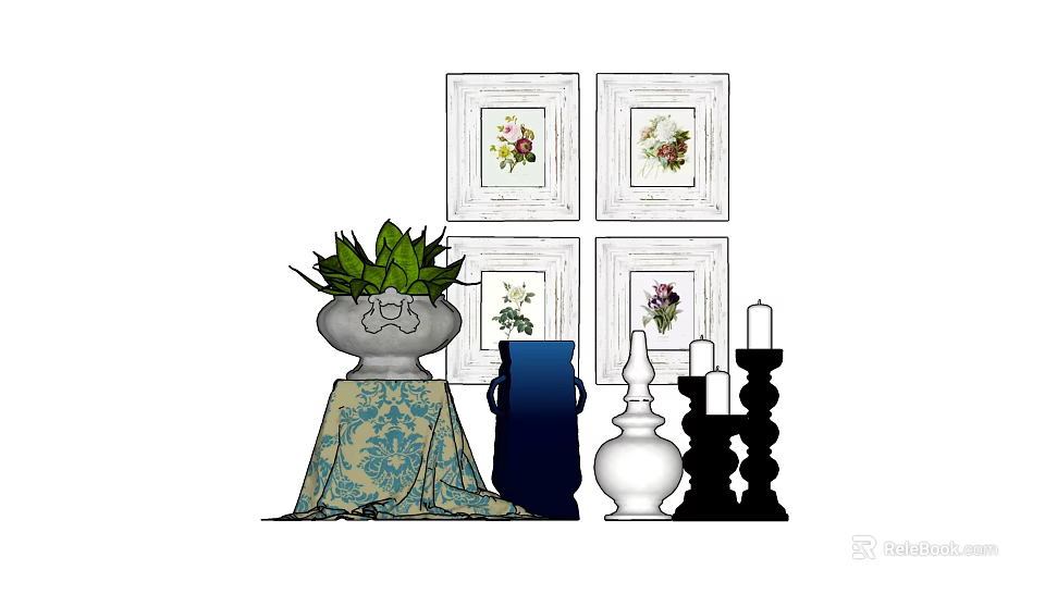 Decorative Ornament Set With Four Floral Frames Green Plant Blue White Vases Black Candle Holders 3d model 