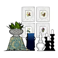 Decorative Ornament Set With Four Floral Frames Green Plant Blue White Vases Black Candle Holders