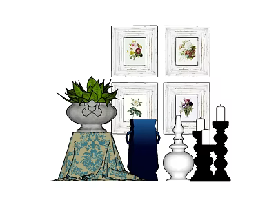 Decorative Ornament Set With Four Floral Frames Green Plant Blue White Vases Black Candle Holders 3d model