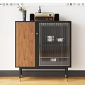 Modern Wooden Sideboard With Black Frame Glass Doors And Decorative Items On Top