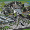 Modern Commercial Street With Curved Buildings Green Roofs And Glass Facades