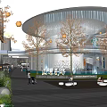 Modern Commercial Landscape With Curved Glass Building Trees Plaza Silver Sculpture People Strolling And Greenery