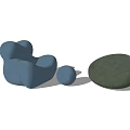 Blue Single Sofa Modern Rounded Design with Small Round Ottoman and Green Accent Stool 3d model
