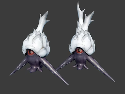 Two Fantasy Creatures With White Feathery Heads Purple Bodies And Large Eyes 3d model