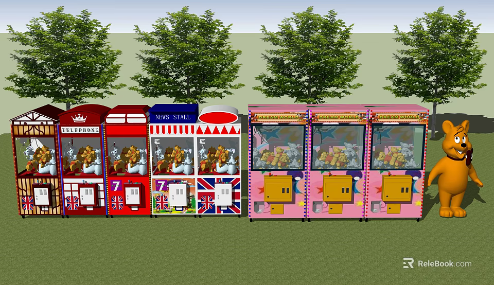 Colorful Red And Pink Claw Machines With Crown Union Jack Designs In Outdoor Amusement Area 3d model 