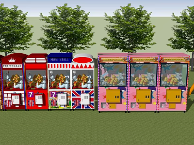 Colorful Red And Pink Claw Machines With Crown Union Jack Designs In Outdoor Amusement Area 3d model