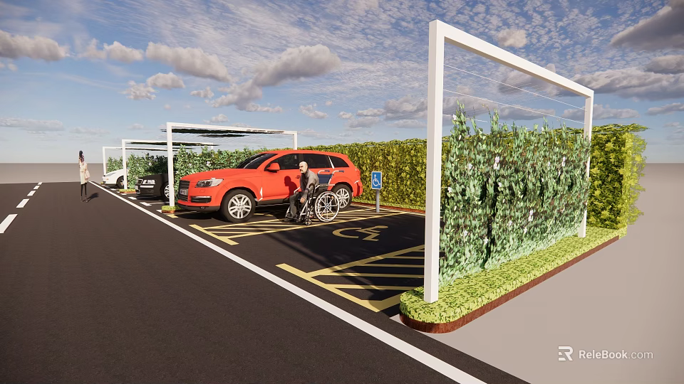 Eco friendly Parking Lot with Green Hedges Accessible Wheelchair Space and Vehicle Parking 3d model 