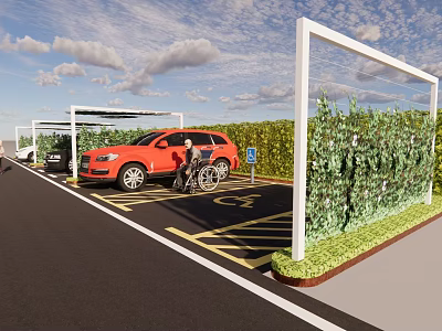 Eco friendly Parking Lot with Green Hedges Accessible Wheelchair Space and Vehicle Parking 3d model
